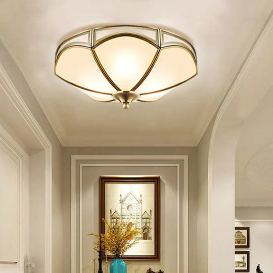 Frosted White Glass Brass Ceiling Flush Mount Lamp With 3 Scallop Heads - Perfect For Hallways