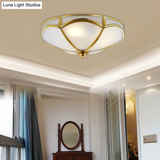Frosted White Glass Brass Ceiling Flush Mount Lamp With 3 Scallop Heads - Perfect For Hallways