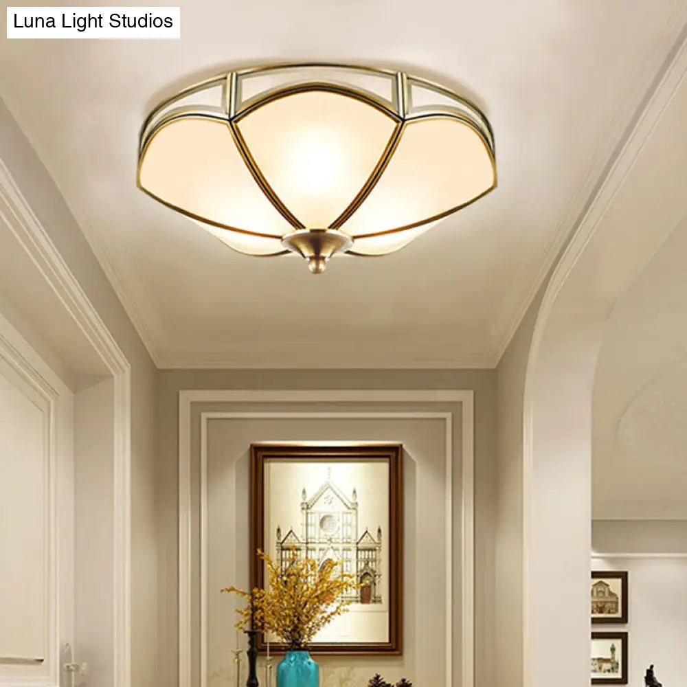 Frosted White Glass Brass Ceiling Flush Mount Lamp With 3 Scallop Heads - Perfect For Hallways