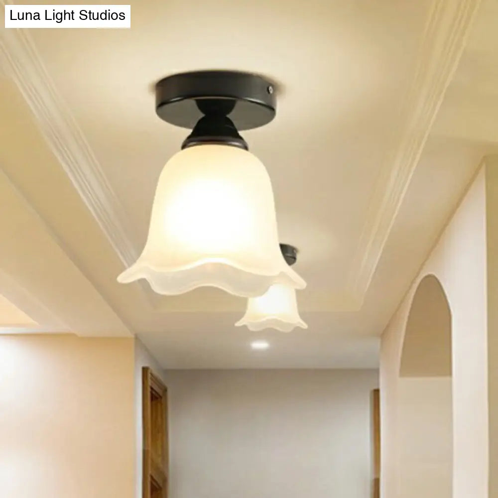 Frosted White Glass Ceiling Lamp With Rustic Black Flower Design - Semi Flush Light For Corridors