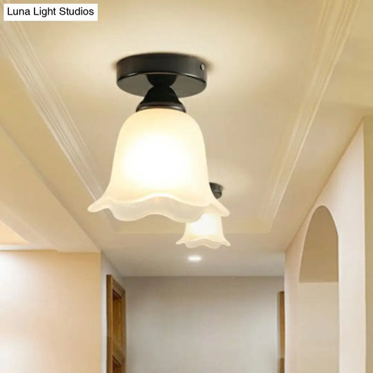 Frosted White Glass Ceiling Lamp With Rustic Black Flower Design - Semi Flush Light For Corridors