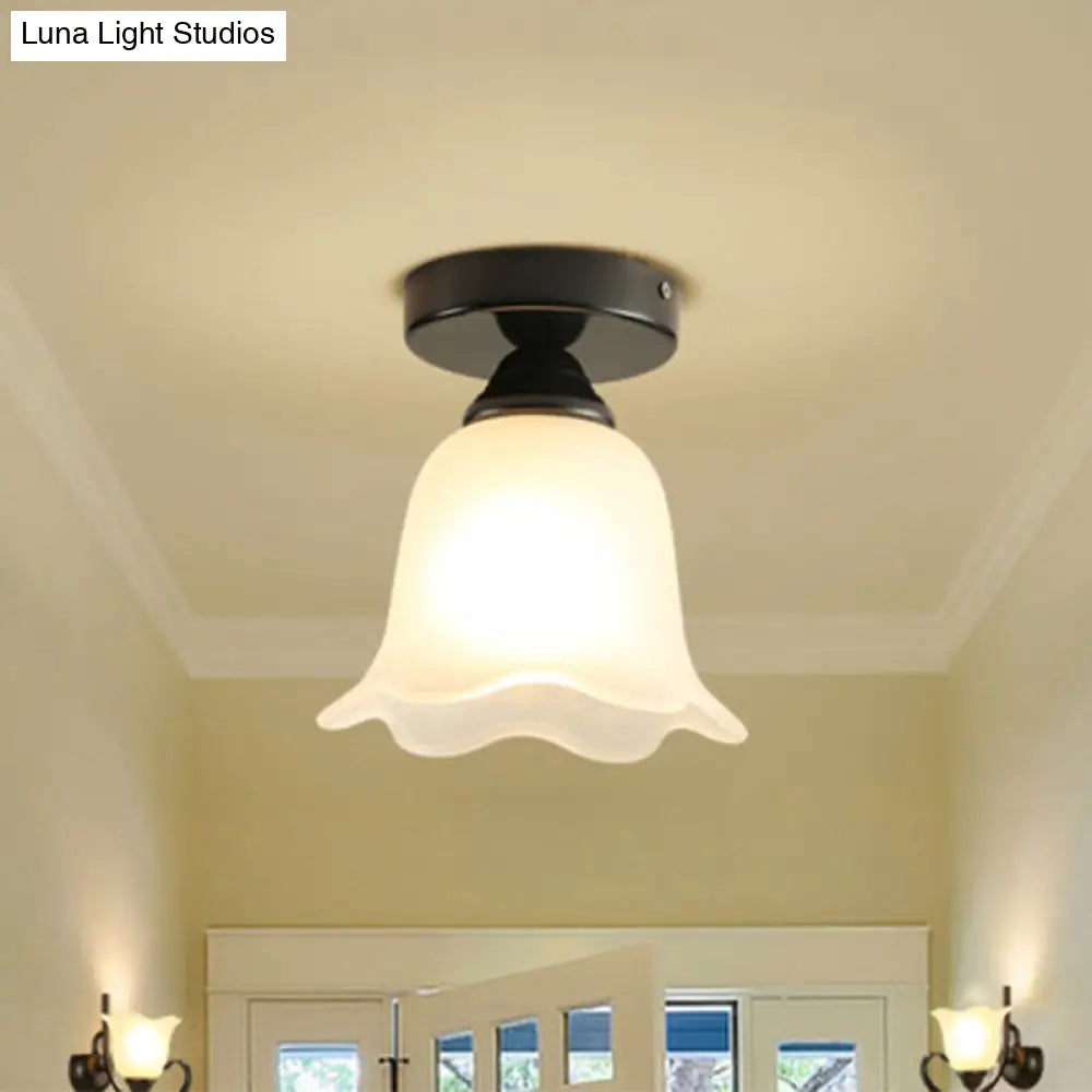 Frosted White Glass Ceiling Lamp With Rustic Black Flower Design - Semi Flush Light For Corridors