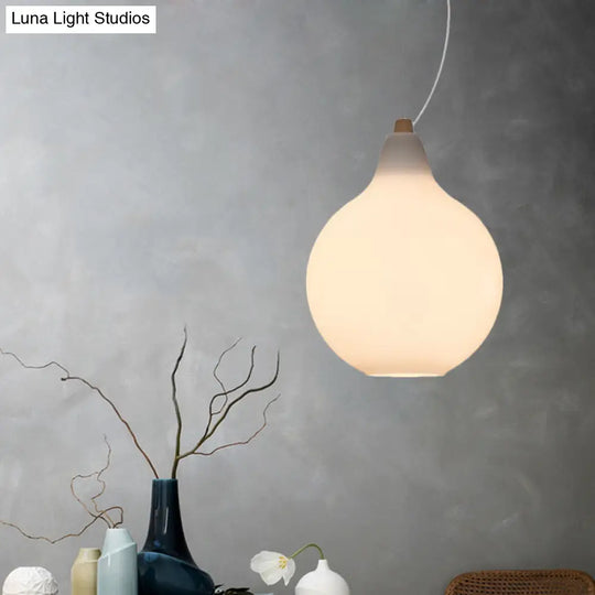 Frosted White Glass Ceiling Pendant With Wood Top - Bellied Dinette Suspension Light Simplicity