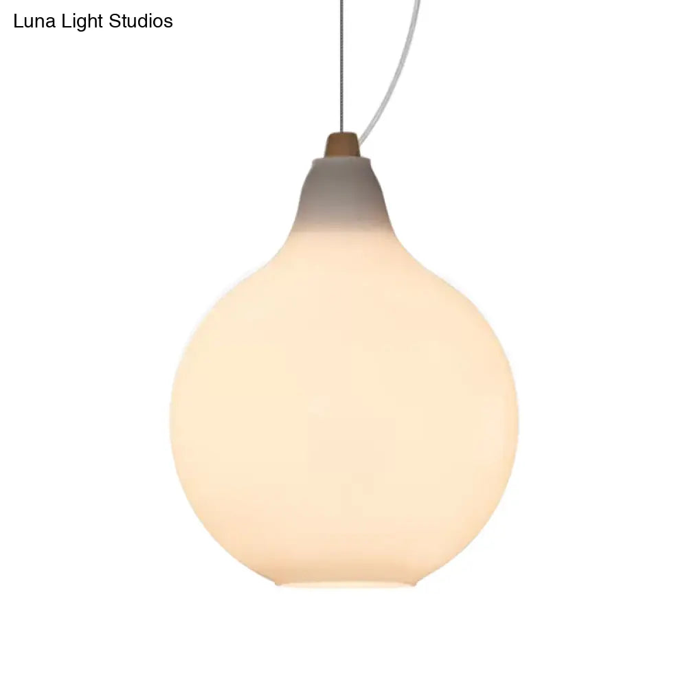 Frosted White Glass Ceiling Pendant With Wood Top - Bellied Dinette Suspension Light Simplicity