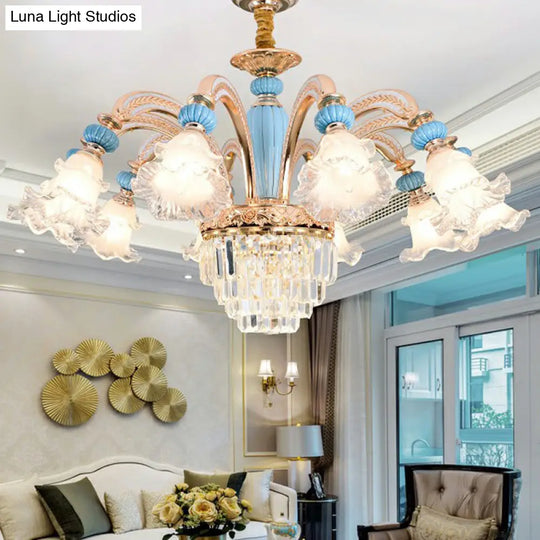 Frosted White Glass Chandelier: Antique Floral Ceiling Light For Bedroom In Blue