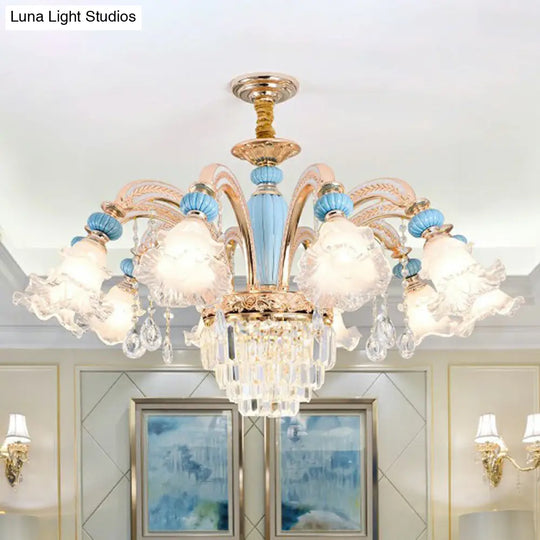 Frosted White Glass Chandelier: Antique Floral Ceiling Light For Bedroom In Blue