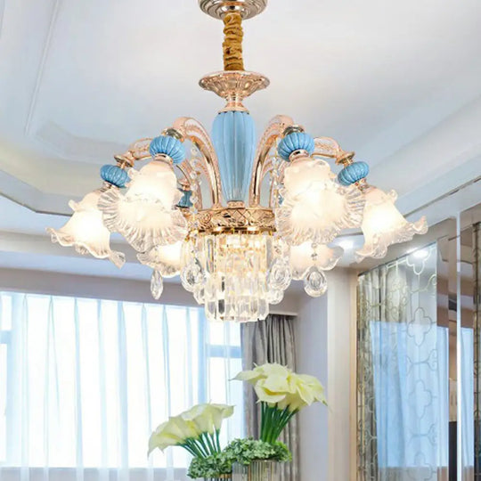 Frosted White Glass Chandelier: Antique Floral Ceiling Light For Bedroom In Blue 6 / With Crystal