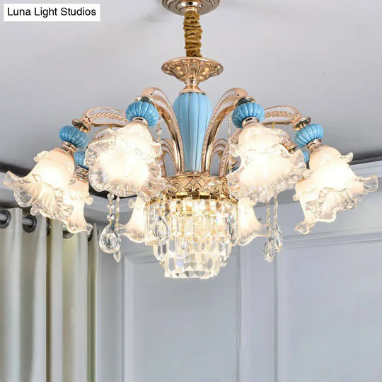 Frosted White Glass Chandelier: Antique Floral Ceiling Light For Bedroom In Blue