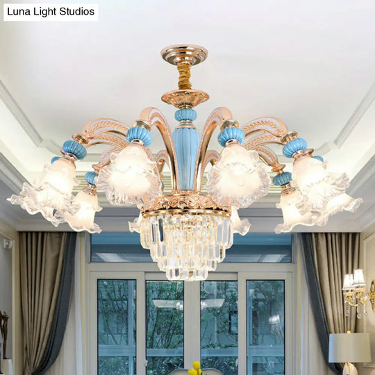 Frosted White Glass Chandelier: Antique Floral Ceiling Light For Bedroom In Blue