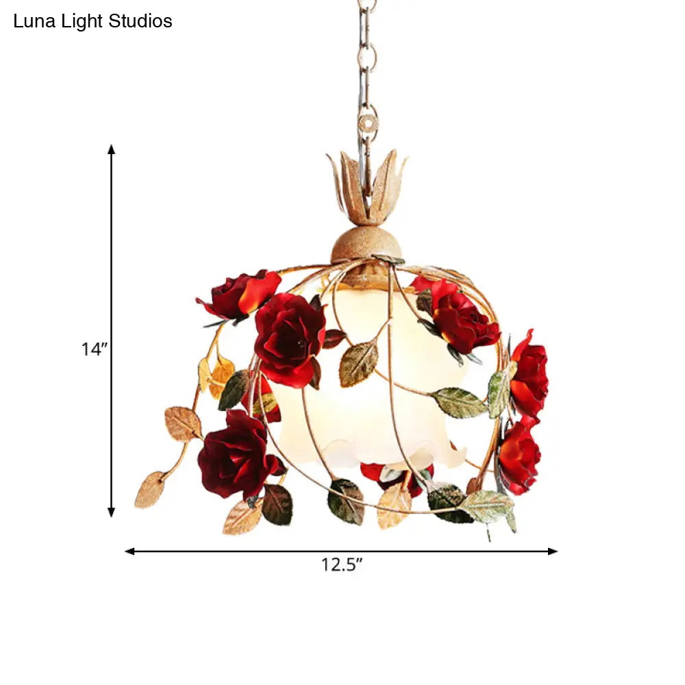 Frosted White Glass Drop Pendant Hanging Light Kit - Countryside Red Flowering Dining Table Accent