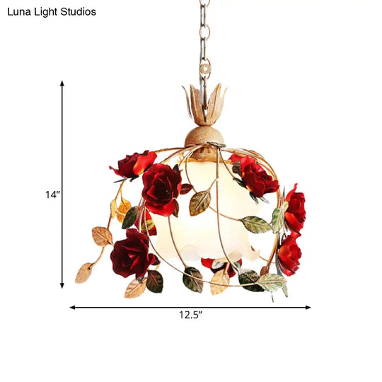 Frosted White Glass Drop Pendant Hanging Light Kit - Countryside Red Flowering Dining Table Accent