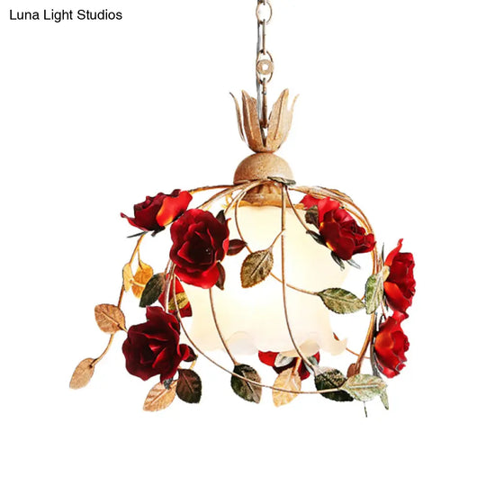 Frosted White Glass Drop Pendant Hanging Light Kit - Countryside Red Flowering Dining Table Accent