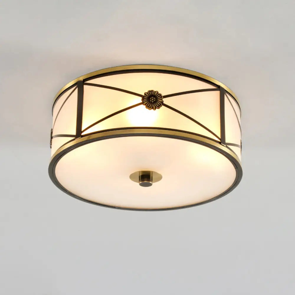 Frosted White Glass Flush Mount Ceiling Light For Bedroom - Traditional Drum Style / 14’