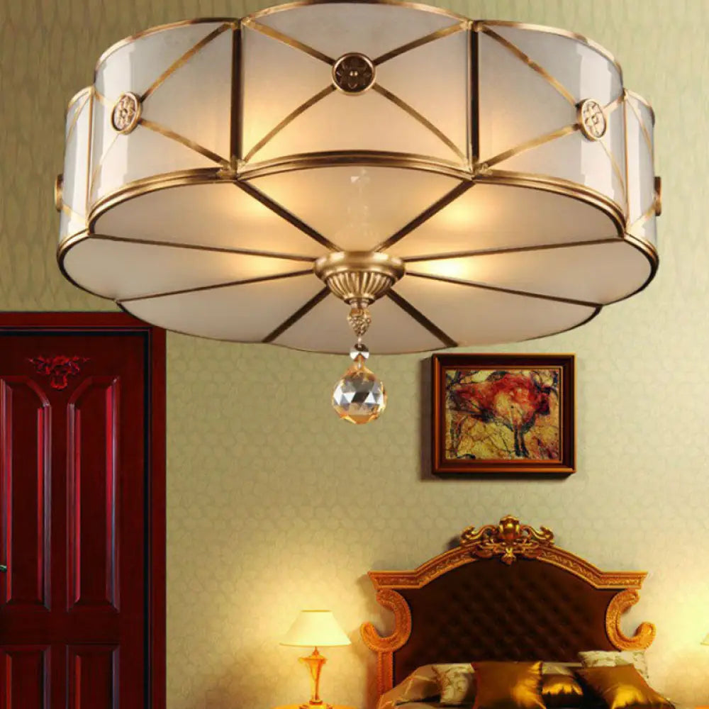 Frosted White Glass Flushmount Flower Ceiling Lamp With X - Brace In Brass - Colonial Style / 12’