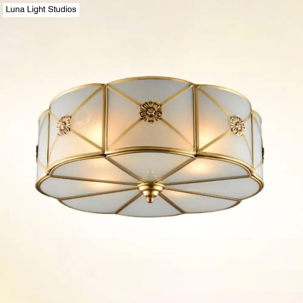 Frosted White Glass Flushmount Flower Ceiling Lamp With X - Brace In Brass - Colonial Style