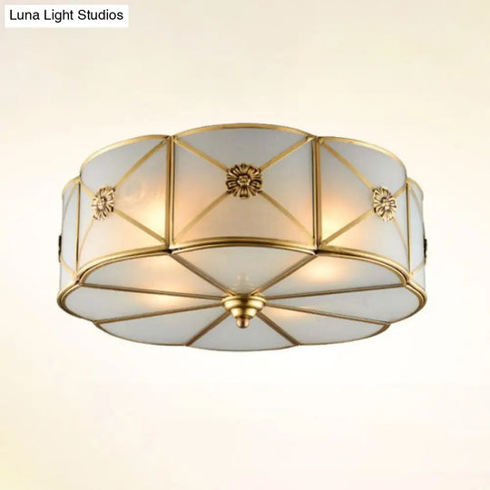 Frosted White Glass Flushmount Flower Ceiling Lamp With X - Brace In Brass - Colonial Style