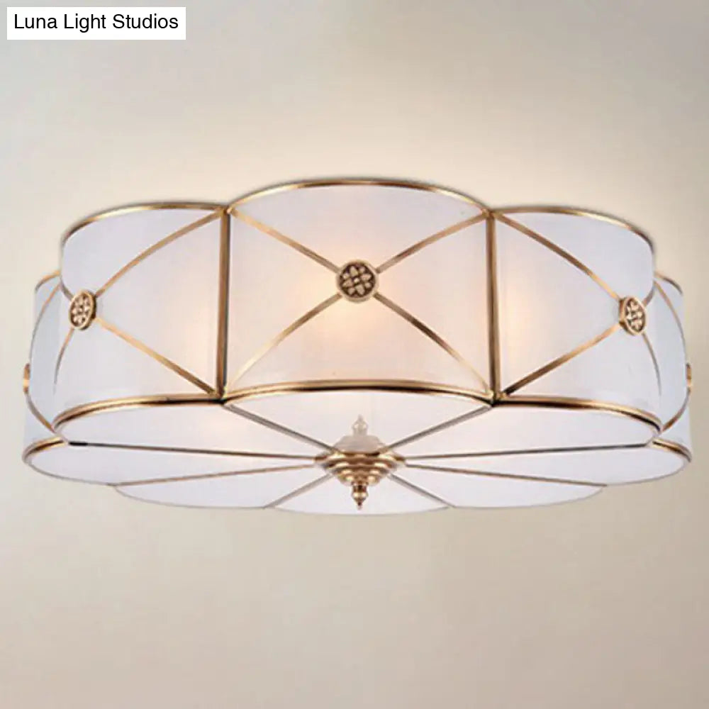 Frosted White Glass Flushmount Flower Ceiling Lamp With X - Brace In Brass - Colonial Style