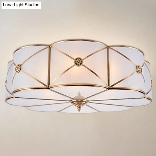 Frosted White Glass Flushmount Flower Ceiling Lamp With X - Brace In Brass - Colonial Style