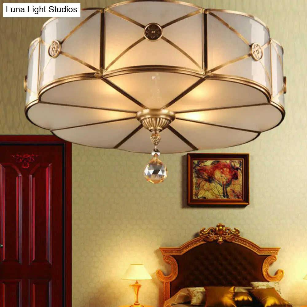 Frosted White Glass Flushmount Flower Ceiling Lamp With X-Brace In Brass - Colonial Style / 12