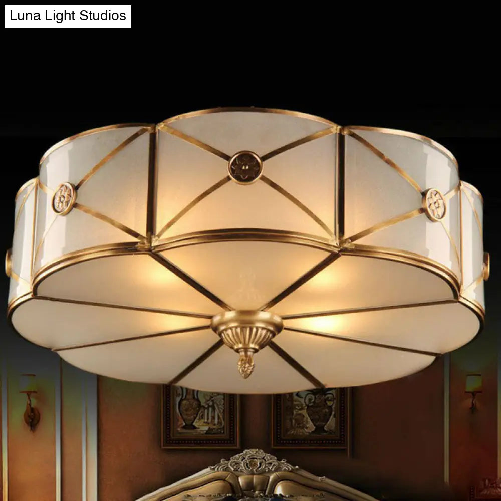 Frosted White Glass Flushmount Flower Ceiling Lamp With X - Brace In Brass - Colonial Style