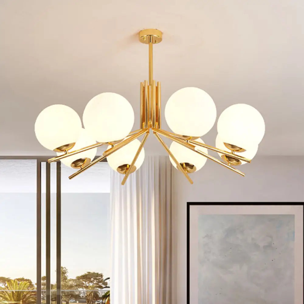 Frosted White Glass Orb Chandelier - Modern 8 Head Gold Pendant Light