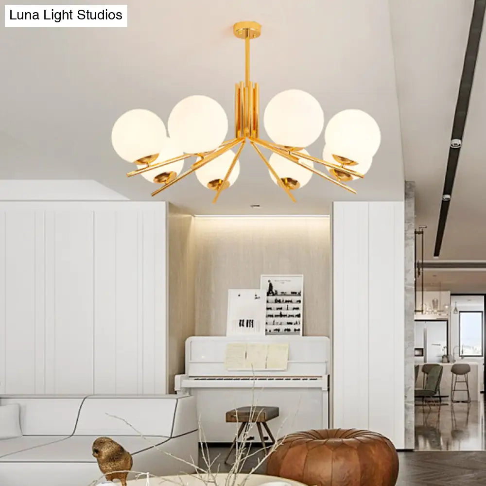 Modern 8-Head Gold Pendant Light Fixture With Frosted White Glass Orb