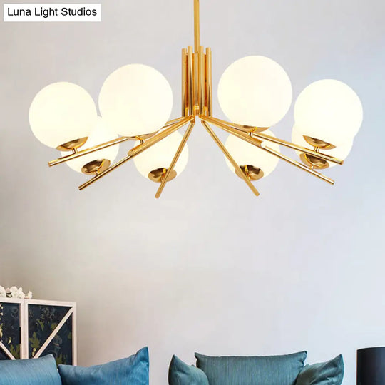 Frosted White Glass Orb Chandelier - Modern 8 Head Gold Pendant Light