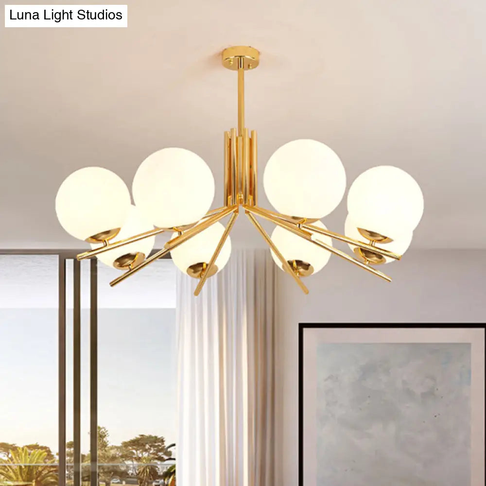 Modern 8-Head Gold Pendant Light Fixture With Frosted White Glass Orb