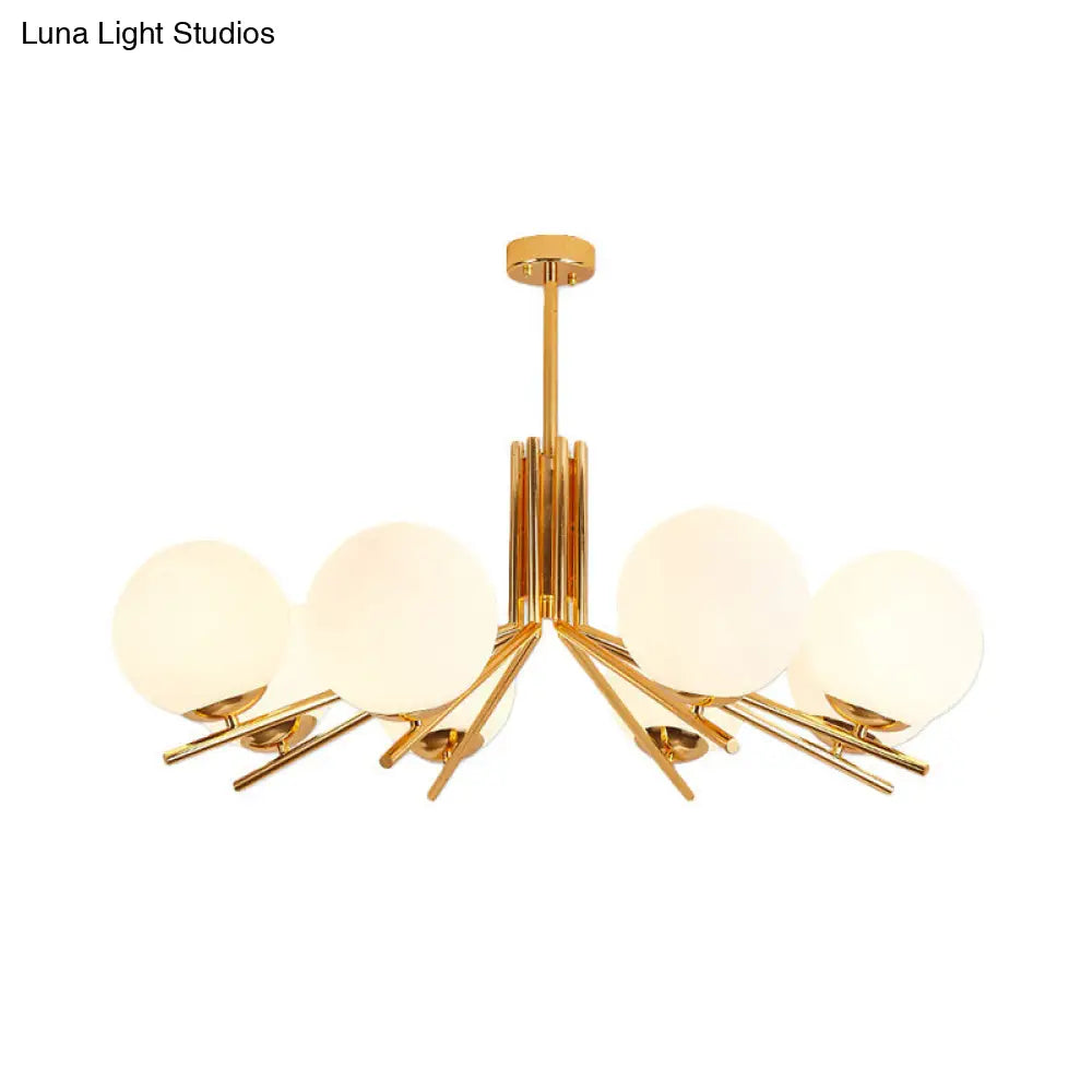 Modern 8-Head Gold Pendant Light Fixture With Frosted White Glass Orb