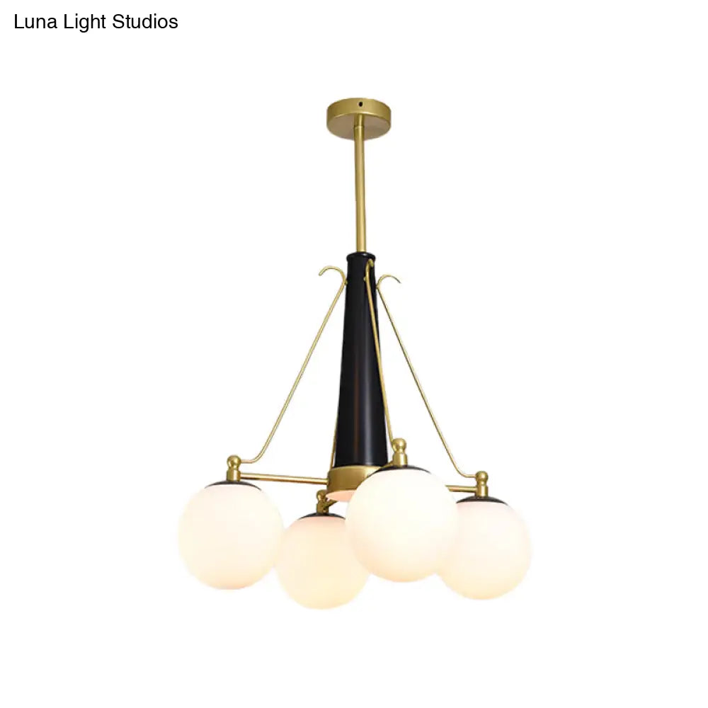 Frosted White Glass Pendant Chandelier - Modernist Sphere Design 4 Heads Brass And Black Finish