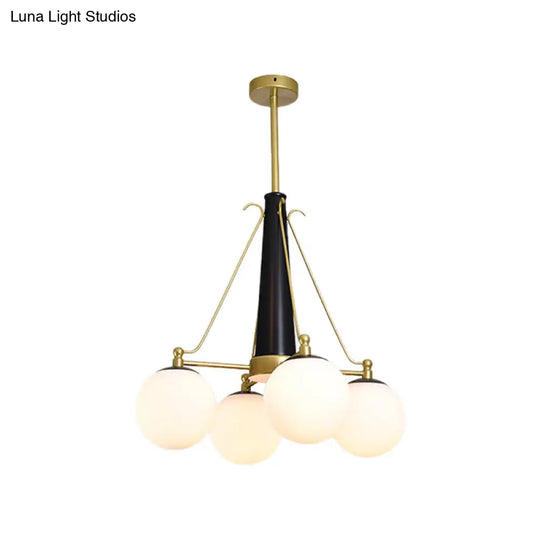 Frosted White Glass Pendant Chandelier - Modernist Sphere Design 4 Heads Brass And Black Finish