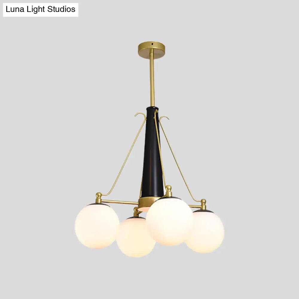 Frosted White Glass Pendant Chandelier - Modernist Sphere Design 4 Heads Brass And Black Finish