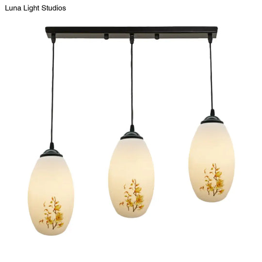 Frosted White Glass Pendant Lamp With Flower Pattern - 3 Bulbs