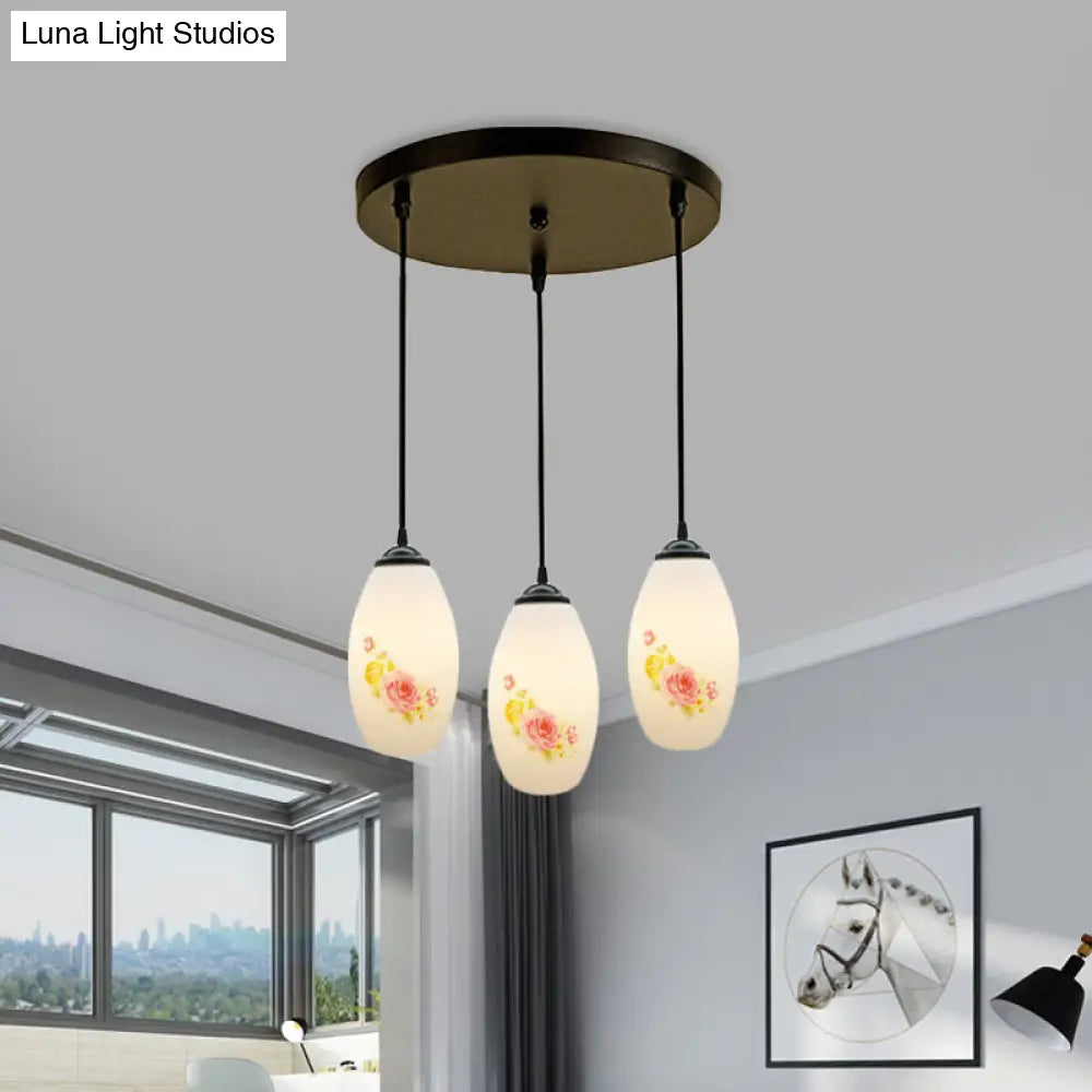 Frosted White Glass Pendant Lamp With Flower Pattern - 3 Bulbs