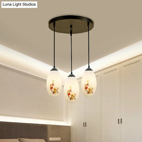 Frosted White Glass Pendant Lamp With Flower Pattern - 3 Bulbs