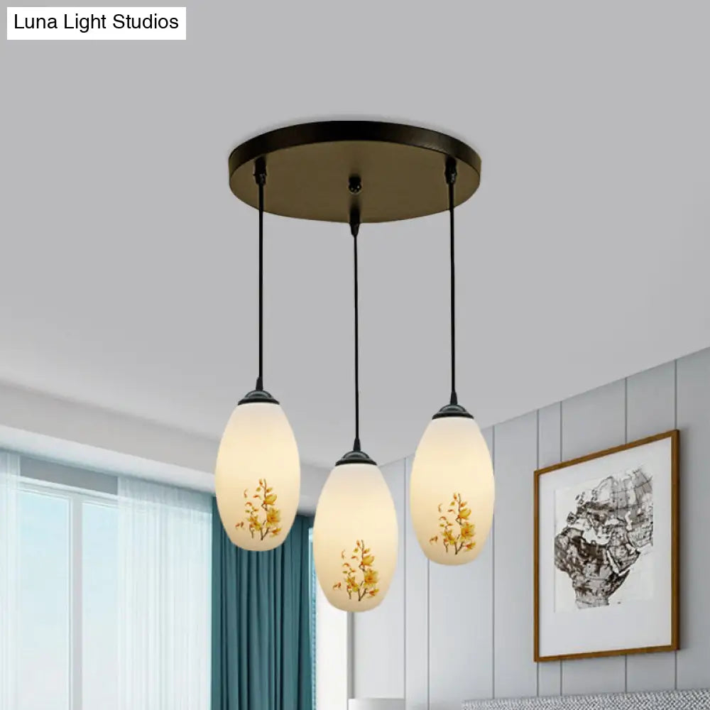 Frosted White Glass Pendant Lamp With Flower Pattern - 3 Bulbs