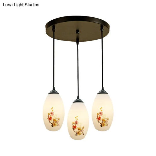 Frosted White Glass Pendant Lamp With Flower Pattern - 3 Bulbs