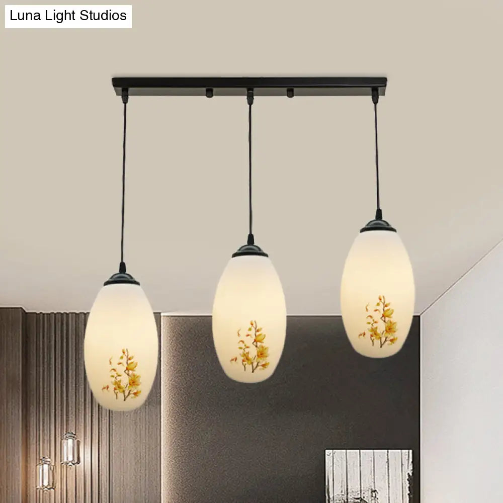 Frosted White Glass Pendant Lamp With Flower Pattern - 3 Bulbs