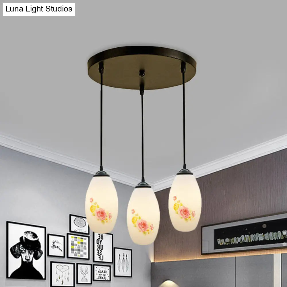 Frosted White Glass Pendant Lamp With Flower Pattern - 3 Bulbs