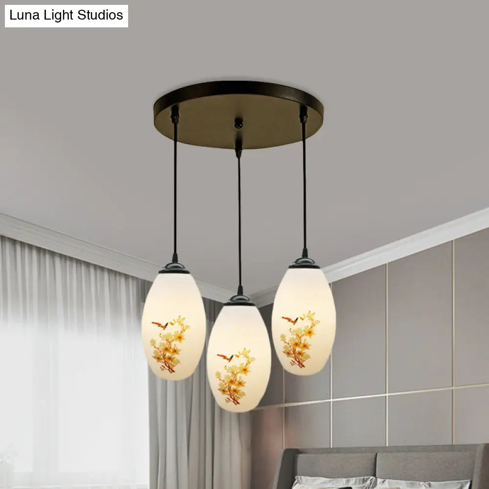 Frosted White Glass Pendant Lamp With Flower Pattern - 3 Bulbs