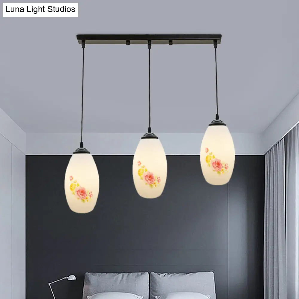 Frosted White Glass Pendant Lamp With Flower Pattern - 3 Bulbs