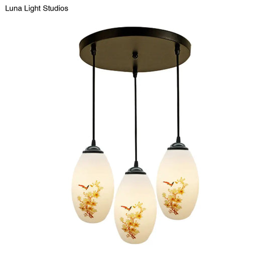 Frosted White Glass Pendant Lamp With Flower Pattern - 3 Bulbs