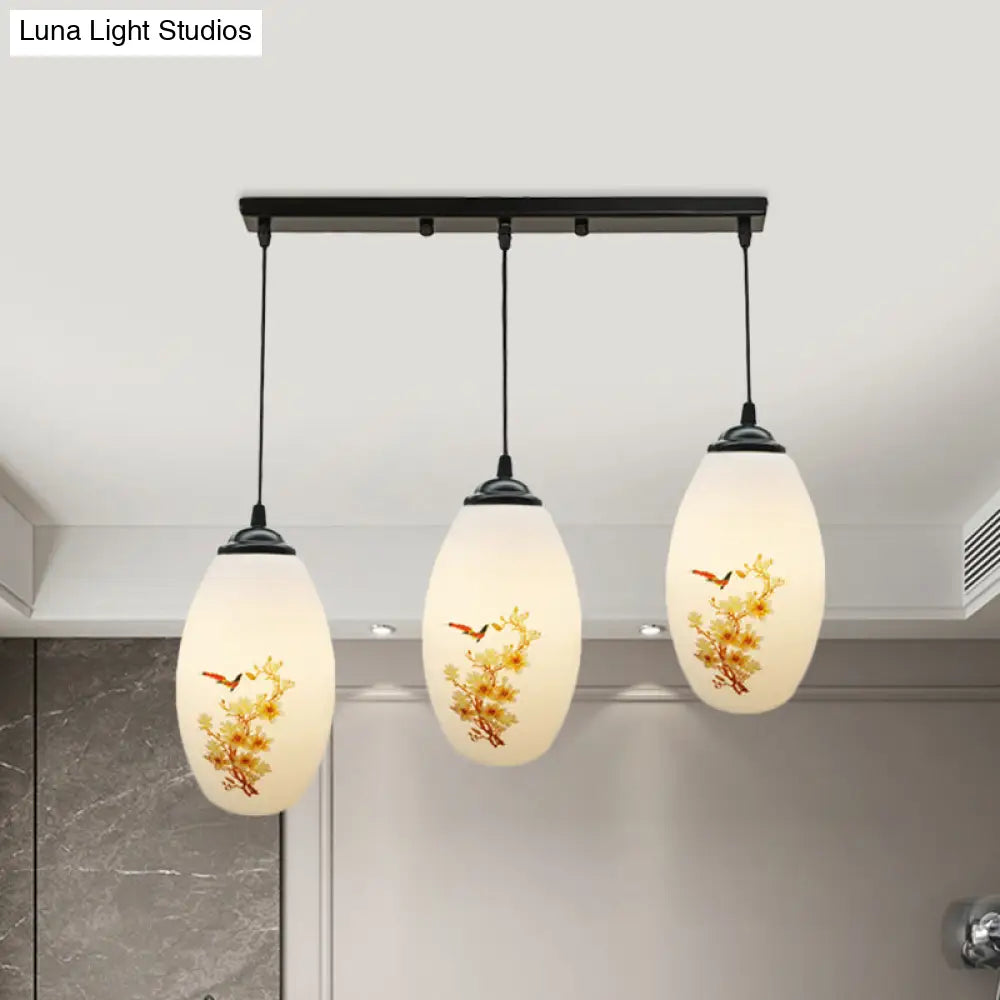 Frosted White Glass Pendant Lamp With Flower Pattern - 3 Bulbs