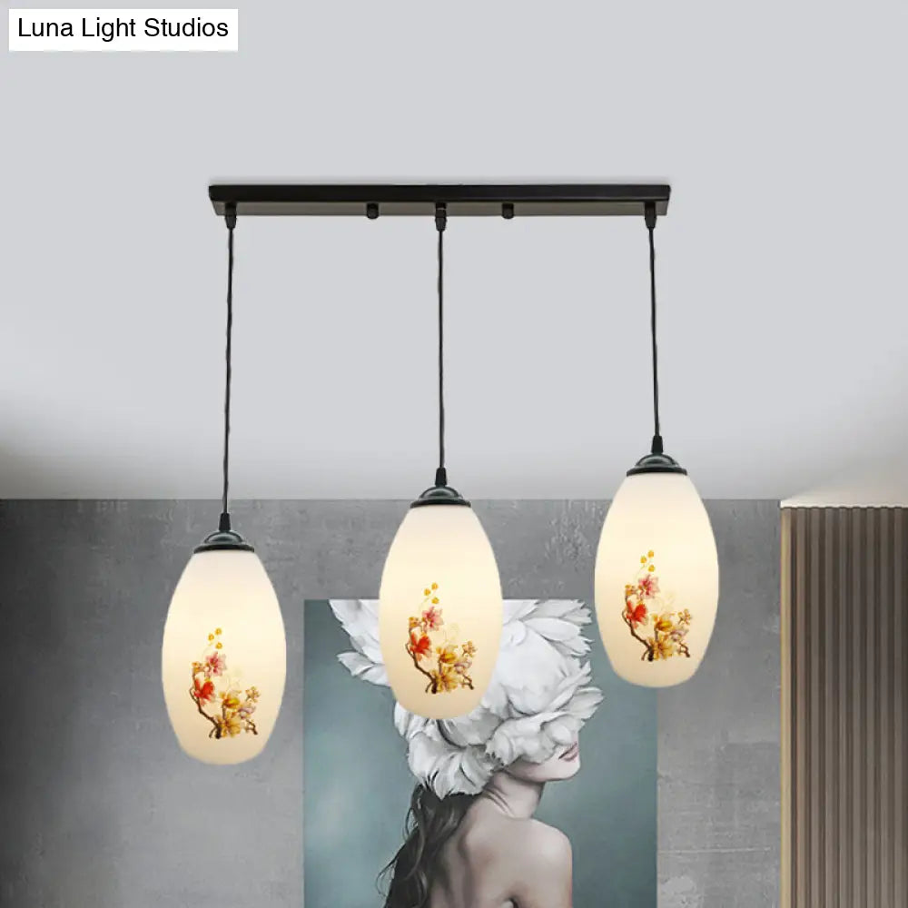 Frosted White Glass Pendant Lamp With Flower Pattern - 3 Bulbs