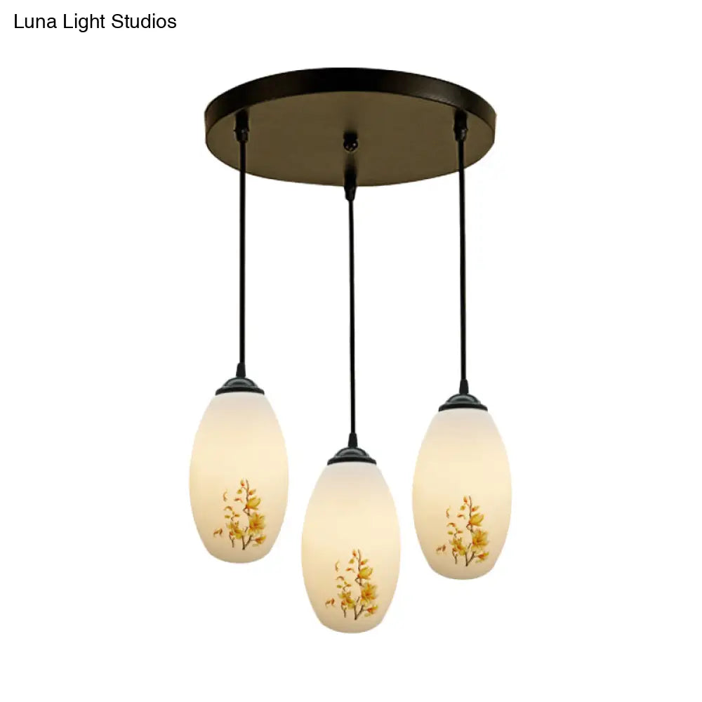 Frosted White Glass Pendant Lamp With Flower Pattern - 3 Bulbs