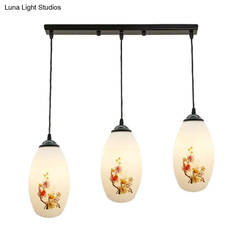 Frosted White Glass Pendant Lamp With Flower Pattern - 3 Bulbs