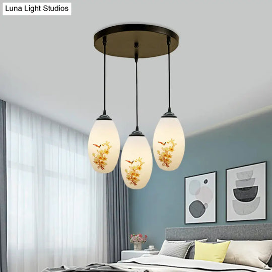 Frosted White Glass Pendant Lamp With Flower Pattern - 3 Bulbs