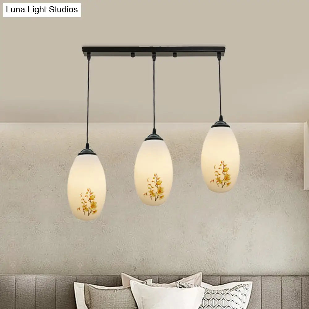 Frosted White Glass Pendant Lamp With Flower Pattern - 3 Bulbs