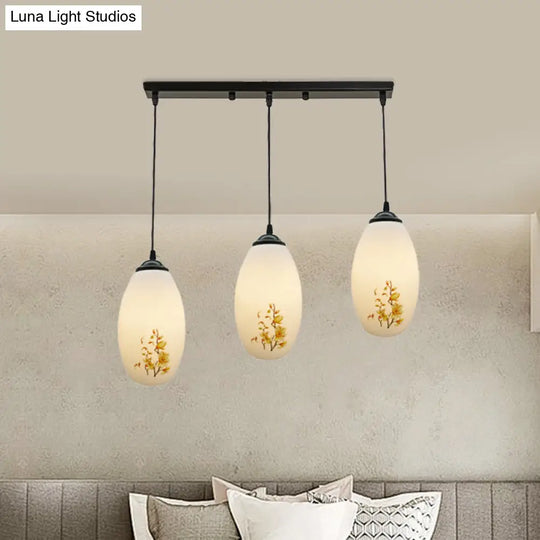 Frosted White Glass Pendant Lamp With Flower Pattern - 3 Bulbs