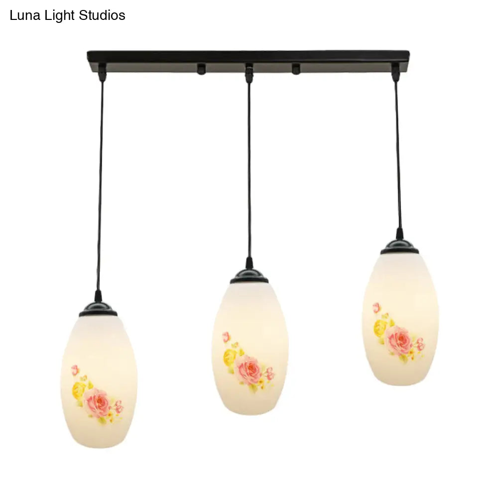 Frosted White Glass Pendant Lamp With Flower Pattern - 3 Bulbs